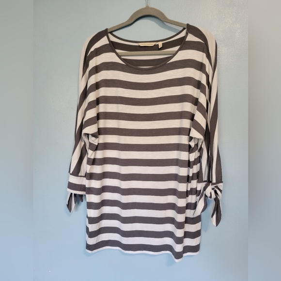 Soft Surroundings Women's Adrift Striped Tie Sleeve Top  Size Large Grey/White - Picture 1 of 7